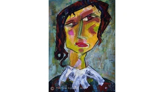 Frau mit Kragen. Gouache-Kreide, ca. 50 cm × 70 cm, 2006