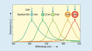 Die Emissionswellenlänge lässt sich über den Durchmesser des Quantum Dot einstellen.
