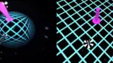 Ein echter Fisch schwimmt in einem Schwarm von Space Invaders. 