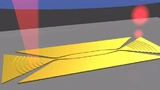 Schematische Darstellung des metallischen Modulators: Links trifft ein kontinuierlicher Lichtstahl auf ein metallisches Gitter und wird dort gebrochen, rechts verlässt ein optischer Datenpuls das Bauteil. 