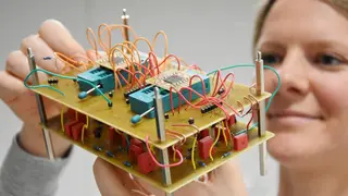 Marina Ignatov, Doktorandin der Elektrotechnik und Erstautorin der Publikation, zeigt eine elektronische Schaltung, mit der Wahrnehmungsprozesse des menschlichen Gehirns nachgebildet werden können. Elektrische Oszillatoren übernehmen die Funktion der