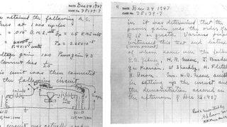 Ausschnitt des Labortagebuchs vom 24. Dezember 1947 mit dem Schaltbild der ersten Transistorschaltung.