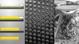 Fabrikationsverfahren mit den beiden Lackschichten in grün und rot und der resultierenden Form des Elektrodenmaterials in gelb (links); Elektronenmikroskop-Aufnahmen der haftenden Elektrodenoberfläche mit eng aneinander liegenden Pilzköpfchen (Mitte)