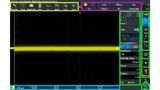 Bild 10: Das Softwareinterface am RTM3000: Vollständige Einstellungen werden am rechten Rand parametriert (grün). Der untere Bildschirmrand (cyan) dient zur Anzeige von Kanalparametern, Einzelmesswerten oder Listen. Der obere Rand sammelt profane Ein