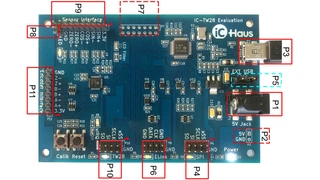 Foto des Evaluierungsmoduls für den Encoder-IC iC-TW28 mit den Anschlüssen.