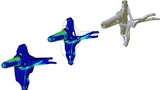 Finite-Elemente-Analyse des Startdesigns eines Technologiedemonstrators »Radträger« (links), numerische Designoptimierung des Technologiedemonstrators zur Reduktion der Masse ohne funktionelle Beeinträchtigung der Komponente (Mitte) und CAD-Vorlage z