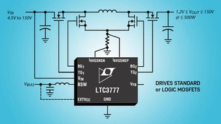 Der Controller arbeitet an Eingangsspannungen über, unter oder gleich der geregelten Ausgangsspannung. Sein Eingangsspannungsbereich von 4,5 V bis 150 V macht ihn für Hochspannungsquellen oder einen Eingang, der hohe Spannungsspitzen aufweist, attrak