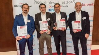 Nikolai Ensslen von Synapticon, Michael Kroll von B+R, Stefan Lorenz von Beckhoff und Dr. Martin May von Schunk, die Gewinner der Produkte des Jahres 2018
