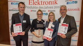 Gruppenfoto der Preisträger der Elektronik-Leserwahl »Produkte des Jahres« 2018 in der Kategorie »Aktive Bauelemente«: Uwe Wahl, Infineon Technologies, Anke Pickhardt und Corinne Zeller, beide Texas Instruments und Ludwig Klingenbeck, Cypress Semicon