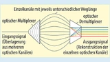 Photonischer Demultiplexer: Ein integriertes „Arrayed Waveguide Grating“ trennt die überlagerten Wellenlängen des Eingangssignals in verschiedene Kanäle auf