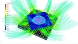 Bild 4. Die Farbverläufe der Thermosimulation lassen erkennen, welche Temperaturen auf der Kühlkörper-Lüfter-Kombination vorherrschen und mit welchen Luftströmungen zu rechnen ist.