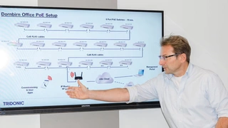 Pilotprojekt zu Sensorik im Beleuchtungsnetzwerk im Tridonic-Hauptquartier in Dornbirn: Thomas Moder, Bereichsleiter Controls & Connectivity, stellt das Projekt vor