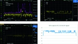 Bild 6: l. o.: Frequenzanalyse mit kontinuierlicher Messung (gelb) und max hold (violett); r.o.: Darstellung des erfassten Signals im Zerospan-Mode; l. u.: Zerospan-Messung mit höherer Auflösung; r. u.: Erfassung der CSV-Daten des Zerospan-Signals