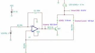 Simulation eines Gleichspannungsverstärkers mithilfe der Tina-TI-Software für eine gleitende Spannungsregler-Masse (Positivregler)