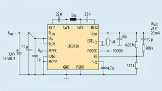 Batteriebetriebene Stromversorgung für 24-V-Sensoren. Die 200-mA-Eingangsstrombegrenzung des LTC3130/-1 wird verwendet