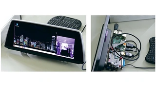  Die Kamera befindet sich von der Mitte aus gesehen leicht nach rechts oben verschoben (links im Bild). Die Rechenleistung für die Bilderfassung und -verarbeitung liefert im Prototyp ein Raspberry-Pi (rechts)