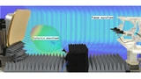 Bild 2: Aufbau eines Compact-Antenna-Test-Range(CATR)-Messsystems  mit einem Reflektor mit abgerundeten Kanten, der eine  kugelförmige Wellenfront in eine ebene Wellenfront kollimiert  (Berechnung der Felder mit einem Modell des tatsächlichen  Messau