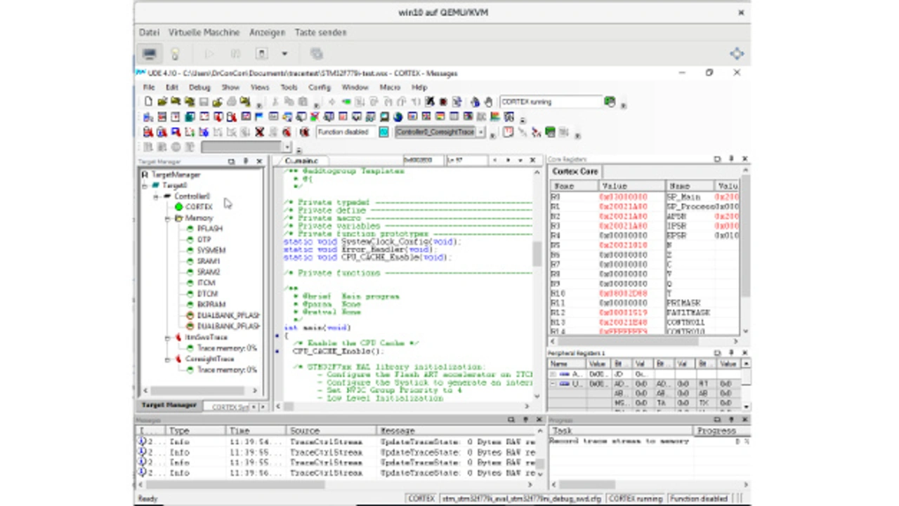 Bild 4: Die kanonische Anordnung des UDE-Gui: Der TargetConfigurator (links mitte) zeigt die verbundene Zielhardware und optional das auf diesem hinterlegte Programm in drei Darstellungen. In der Mitte wird der Code in der gewünschten Darstellung gez