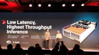 Xilinx CEO Victor Peng und sein XDF-Gast AMD-CTO Mark Papermaster präsentieren das Inferenz-Weltrekord-System, bestückt mit 8 Alveo-Karten.
