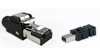 The dual-row Mini I/O (right, 1.27 mm) is much smaller than the RJ45 (left, 1.016 mm)