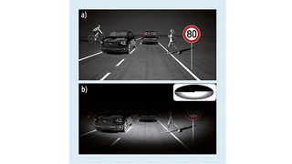 Die Verkehrssituation (a) ist durch das Sichtfeld mit herkömmlichem Abblendlicht stark eingeschränkt (b).