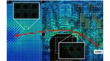 Bild 1: DC-Stromverteilung in der Lage zur Core-Versorgung. Der rote Pfeil deutet den Strompfad von der Einspeisung zur Last an. In der Vergrößerung sind zwei typische Verengungen durch Antipads um Vias zu sehen. 