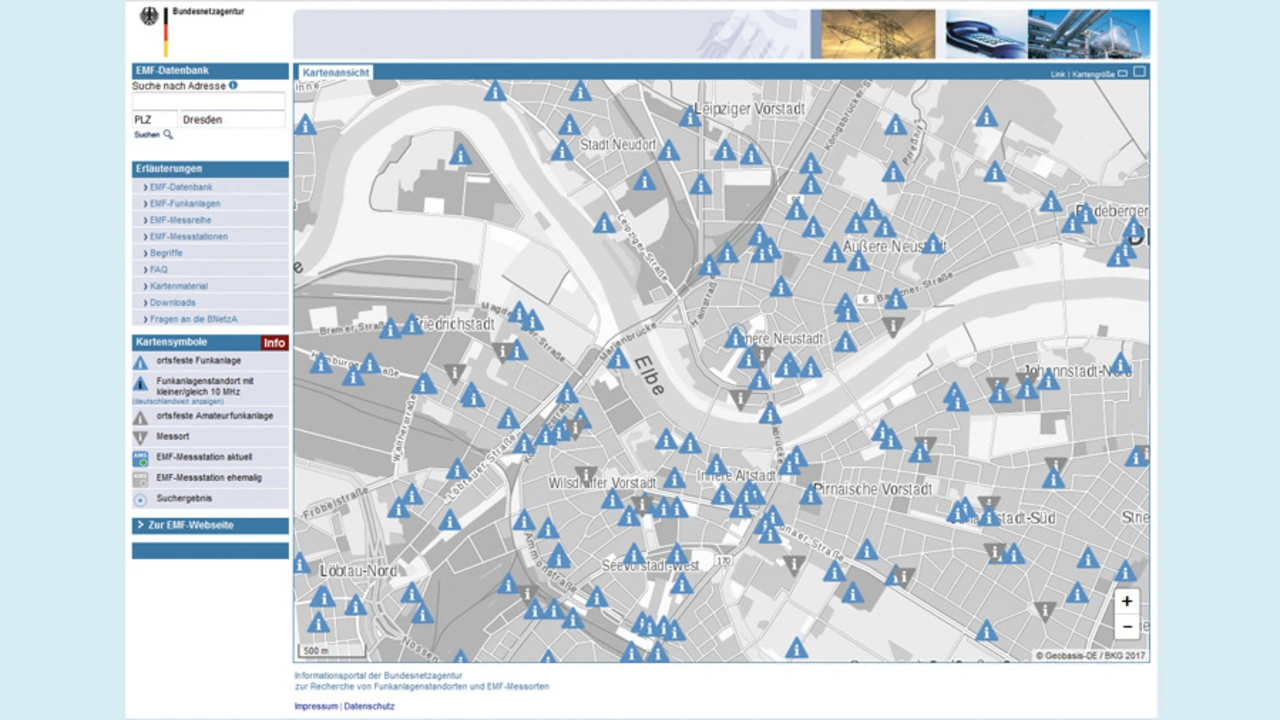 Karte von Dresden mit Standorten von Mobilfunkmasten. Karte von Dresden mit Standorten von Mobilfunkmasten.