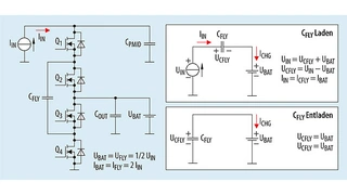 Vereinfachte Darstellung einer Switched-Capacitor-Ladeschaltung mit den zugehörigen Gleichungen