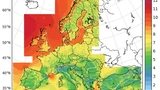 Die Graphik zeigt das langjährige Mittel der Windgeschwindigkeit (1989-2018) in 100 m Höhe für Europa.
