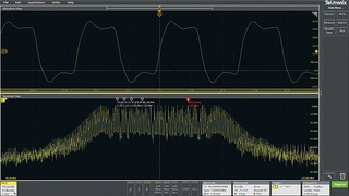 Dasselbe Taktsignal wie in den Bildern 2 und 3: Spectrum View ermöglicht eine unabhängige Parameterwahl für die Darstellung im Zeit- und im Frequenzbereich