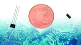 Mit der Eurocent-Münze werden die Größenverhältnisse deutlich. Der Reed-Sensor (links) von Standex Electronics reicht mit 4 mm Größe (Glaslänge) an die Dimensionen des Hall-Sensors (rechts) heran.