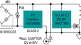 PD der Klasse 2, isoliert, nutzt die Bausteine MAX 5969B und MAX 17690 sowie synchronen Gate-Treiber MAX 17606 mit optionalem Ausgang für höchsten Wirkungsgrad. 