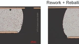 BGA-Balls im Schliffbild. Links: Original, rechts: BGA-Balls nach einem Reballing.
