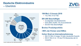 Die deutsche Elektroindustrie als zweitgrößte Industriebranche steht für einen Umsatz von 194 Mrd. Euro (2018).