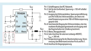 Prinzip-Grundschaltung von Texas Instruments für einen DC/DC-Wandler auf der Basis des Schaltregler-ICs TPS40200