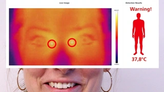 Das Temperaturbild wird mithilfe der von AT entwickelten FeverScreening App ausgewertet und das Ergebnis als Zahlenwert und in Form einer Rot-Grün- Anzeige auf dem Bildschirm dargestellt. Rot steht in dem Fall für erhöhte Temperatur oder Fieber, grün