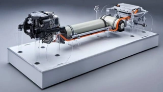 Der komplette Antriebsstrang des »BMW i Hydrogen NEXT« mit den großen Wasserstoffspeichern an der Stelle des Fahrzeugunterbodens.