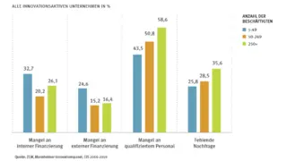 Innovationshemmnisse nach Angaben der Unternehmen. Nicht ausreichende Finanzierung sehen vor allem KMUs als Problem.