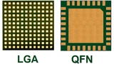 Bei Quad Flat No Leads liegen im Gegensatz zum Land Grid Array, das eine schachbrettartige Anordung der Anschlusspunkte aufweist, alle Kontakte am Gehäuserand