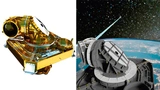 Das Laser-Terminal LCT 135 (links der innere Aufbau) von Tesat-Spacecom überträgt Daten per Laser von Satellit zu Satellit (rechts).