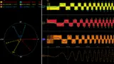 Leistungsmessung: An 3 Phasen wird jeweils Strom und Spannung gemessen. Links ist die Phasenbeziehung gezeigt, rechts die Strommessung mit Mathematikfunktion (ganz unten).