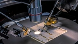 Detailaufnahme einer Kalibrations-Platine im Wafer-Prober, einem Gerät für elektrische Tests einzelner Chips auf Wafer- oder Platinenbasis.