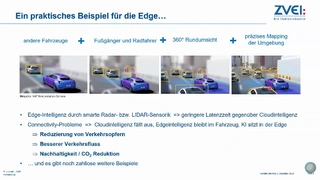 Beispiel für eine Edge-Anwendung ist ein Fahrzeug mit smarter Radar- bzw. Lidar-Sensorik an, bei dem die Sensordaten lokal am Edge ausgewertet werden und somit eine geringere Latenzzeit gegenüber der Cloud aufweisen. 