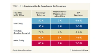 Annahmen zu den fünf untersuchten Szenarien in Verbindfung mit der Strategie »Made in China 2025«.