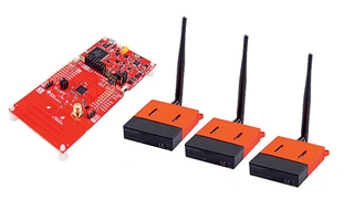 Drei Funksensoren und ein Entwicklungsmodul – alle auf Basis des Wireless- Mikrocontrollers CC1352R – enthält das Mioty- Entwicklungskit MIOTY-HW-BDL von Texas Instruments