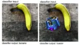 Bild 4. Eine Bildmanipulation bringt eingelernte KI-Systeme durcheinander: links wird die Banane richtig erkannt, rechts erkennt das KI-System stattdessen einen Toaster.