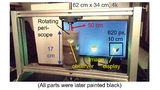 Aufbau mit rotierendem Periskop (unscharf durch Bewegung), Motor, einem 4k-Display und Alu-Rahmen. Auf dem Display ist ein Würfel aus drei Perspektiven gezeigt; eine davon durch das Periskop verdeckt