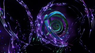 Galaxien visueller Räume voller Punkte, Lichtstrahlen und Nebelschwaden bewegen sich endlos und in wechselnder Geschwindigkeit aufeinander zu und voneinander weg