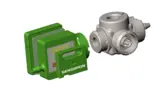 Sensor-Pumpen-Lösung, Sensirion Durchflusssensor links (grün) und Pumpe rechts (grau)