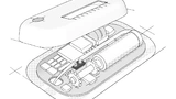 Illustration eines Großvolumen-Injektors (ca. 100mm x 50mm), in Schwarz: miniaturisierter Sensirion Durchflusssensor (ca. 12mm x 6mm)